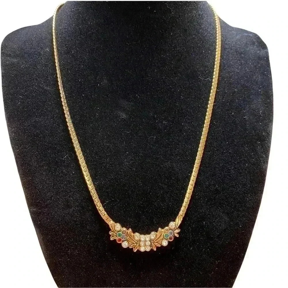 Gold multicolored adjustable rhinestone Bollywood herringbone necklace